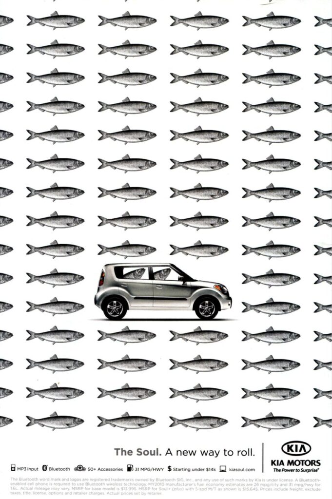 Fish are a metaphor for the mundane. The tagline, "A New Way to Roll," suggests there's an alternative to the ordinary. Kia Soul's unique and customizable design acts as a form of self-expression.