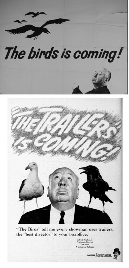 Black and white print and newspaper ads of Alfred Hitchcock, known for his suspenseful films